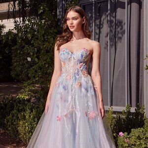 NEW FORMAL LONG SLEEVELESS STRAPLESS FLORAL PROM DRESS W/ SHEER BODICE CD A1383